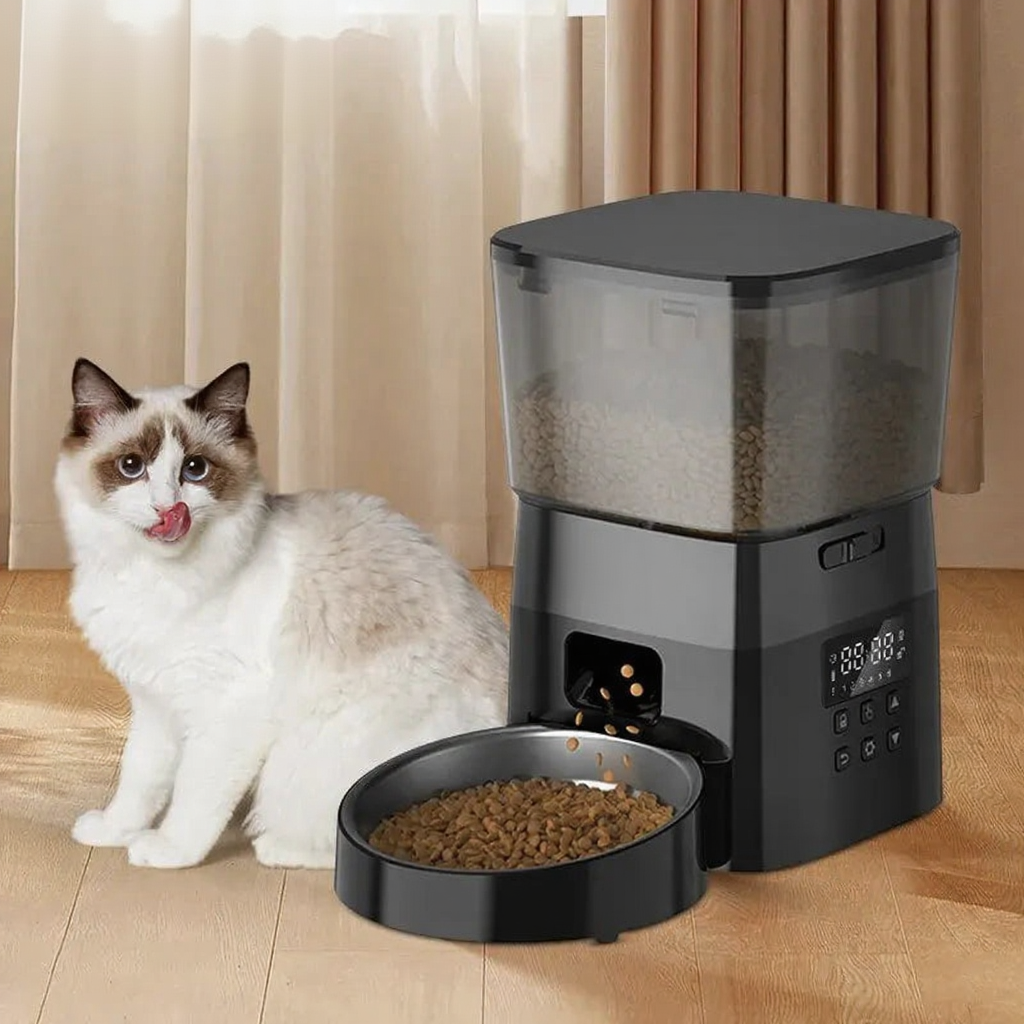Catvera Smart Automatic Cat Feeder - Image 1|||PROMPT|||Cleaned image. Original analysis: Found 2 instances of brand name 'ROJECO': 1) watermark/logo in orange banner in top left corner, 2) brand name embossed/printed on the black feeder device itself