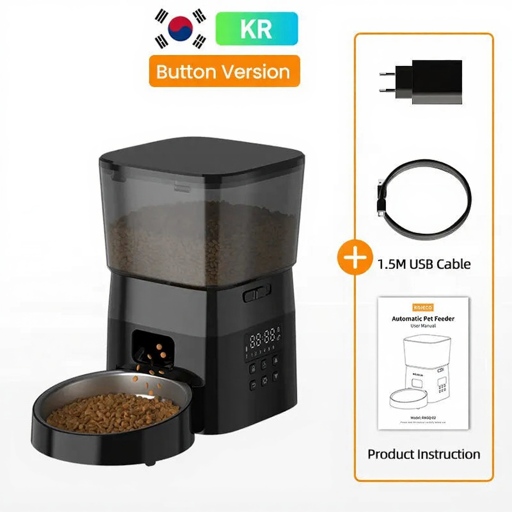 Catvera Smart Automatic Cat Feeder - Image 9|||PROMPT|||Cleaned image. Original analysis: Found 3 brand names: 'ROJECO' printed on the product itself, 'KR Adapter' text in the accessories box, and 'ROJECO' visible on the automatic pet feeder user manual