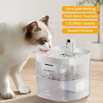 Catvera Smart Pet Water Fountain - Image 1|||PROMPT|||Cleaned image. Original analysis: Found brand name 'ROJECO' appearing multiple times: as a watermark in top left corner, on the product itself (visible on the fountain base), and in orange promotional text overlay on the right side