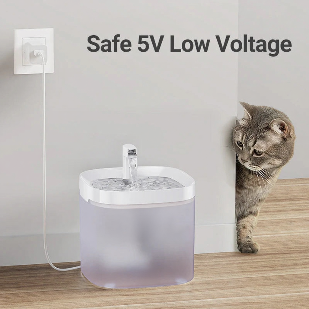 Catvera Smart Pet Water Fountain - Image 5|||PROMPT|||Cleaned image. Original analysis: Found 2 brand names: 'ROJECO' printed on the product itself at the bottom center, and 'MiJIA' text visible on the device. Also found the text overlay 'Safe 5V Low Voltage' at the top which is promotional/informational text.