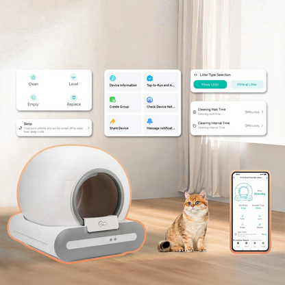 Catvera Smart Self-Cleaning Litter Box - Image 4|||PROMPT|||Cleaned image. Original analysis: Found brand logo on the physical product (litter box device) and watermark text on the app interface