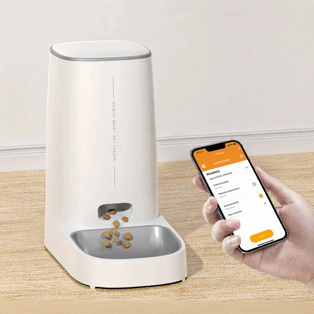 Catvera Smart WiFi Automatic Pet Feeder - Image 1|||PROMPT|||Cleaned image. Original analysis: Found ROJECO brand name in top left corner as watermark, ROJECO text printed vertically on the product itself, and ROJECO branding on the smartphone app interface