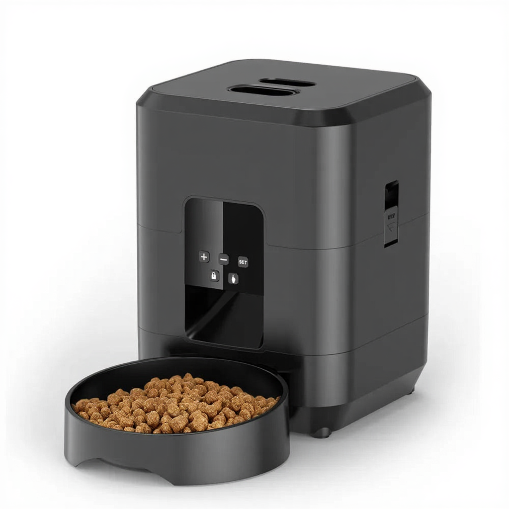 Catvera Smart WiFi Automatic Pet Feeder - Image 6|||PROMPT|||Cleaned image. Original analysis: Found 1 brand name on the product - 'MEAL1' visible on the digital display panel of the automatic pet feeder