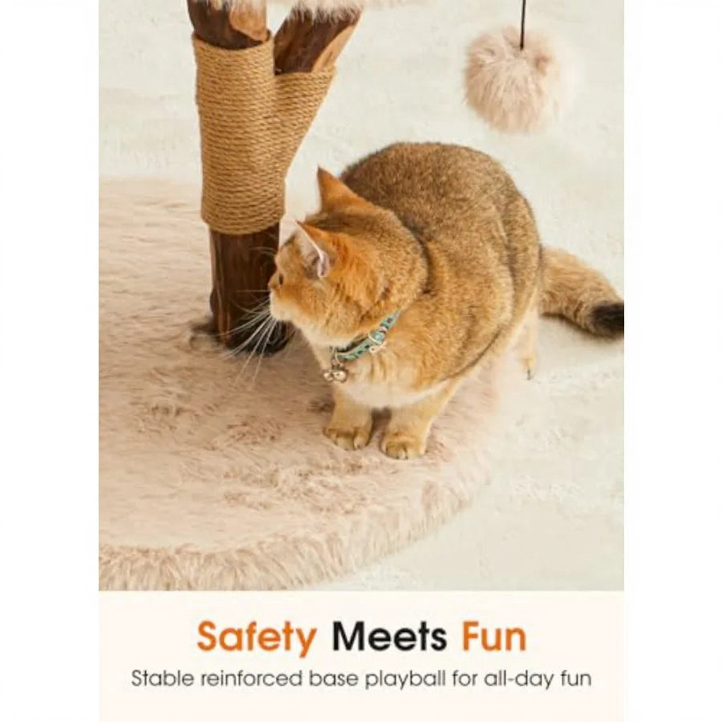 Catvera Solid Wood Cat Tree Tower - Image 6|||PROMPT|||Cleaned image. Original analysis: Found a blue/teal collar or band on the cat that appears to have branding/text on it. Also found promotional text overlay at the bottom.
