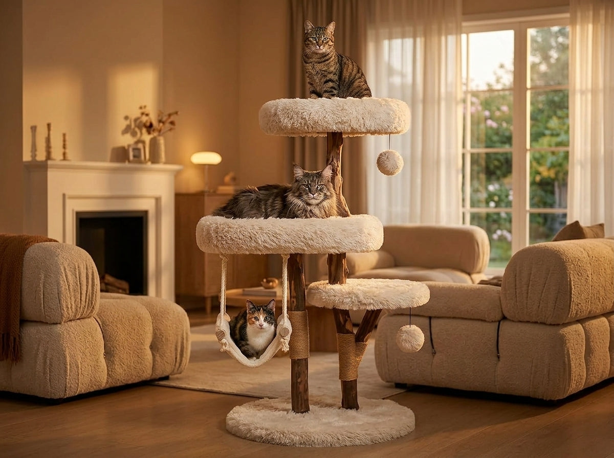 Catvera Solid Wood Cat Tree Tower - Creates the Perfect Multi-Cat Harmony