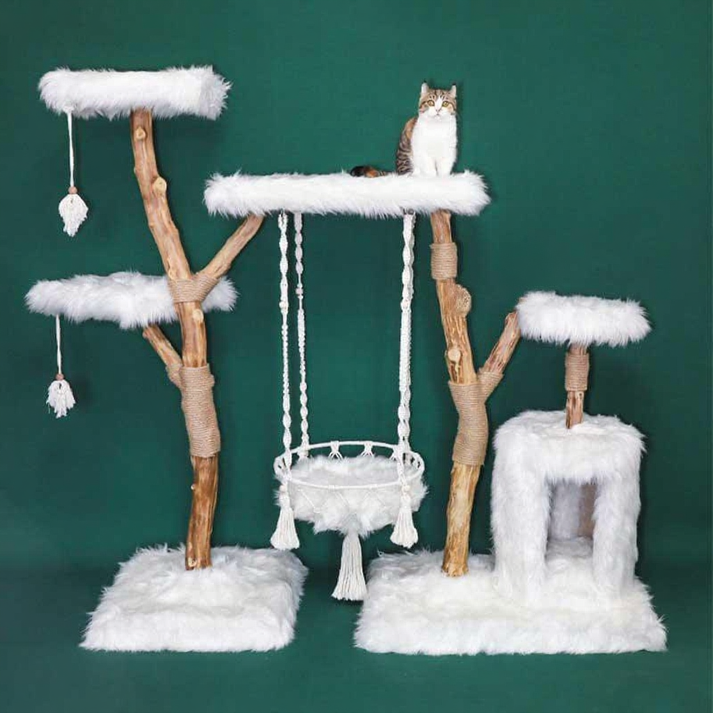 Catvera Solid Wood Cradle Cat Tree - Image 9|||PROMPT|||Cleaned image. Original analysis: Found 1 brand name embossed/printed on the product itself - a small brand label visible on the right side cat tree structure