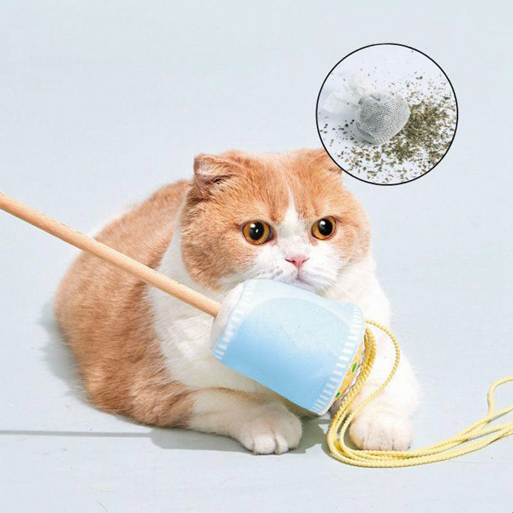 Catvera Sound Teaser Stick Toys - Image 19|||PROMPT|||Cleaned image. Original analysis: Found 1 brand name/watermark printed on the product's bib/bandana that the cat is wearing