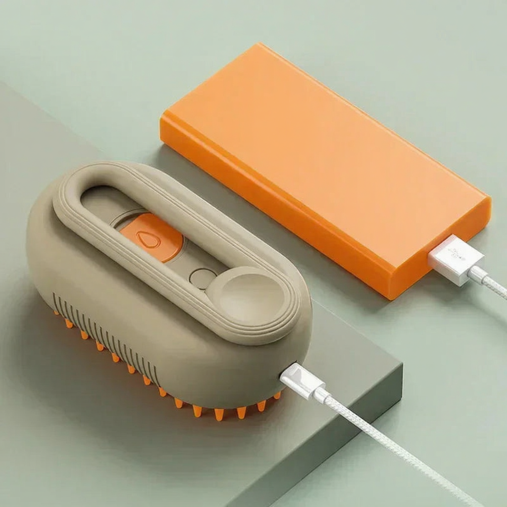 Catvera Steam Grooming Brush Sprayer - Image 4|||PROMPT|||Cleaned image. Original analysis: Found 1 brand logo on the orange power bank and 1 brand logo on the beige massage brush device