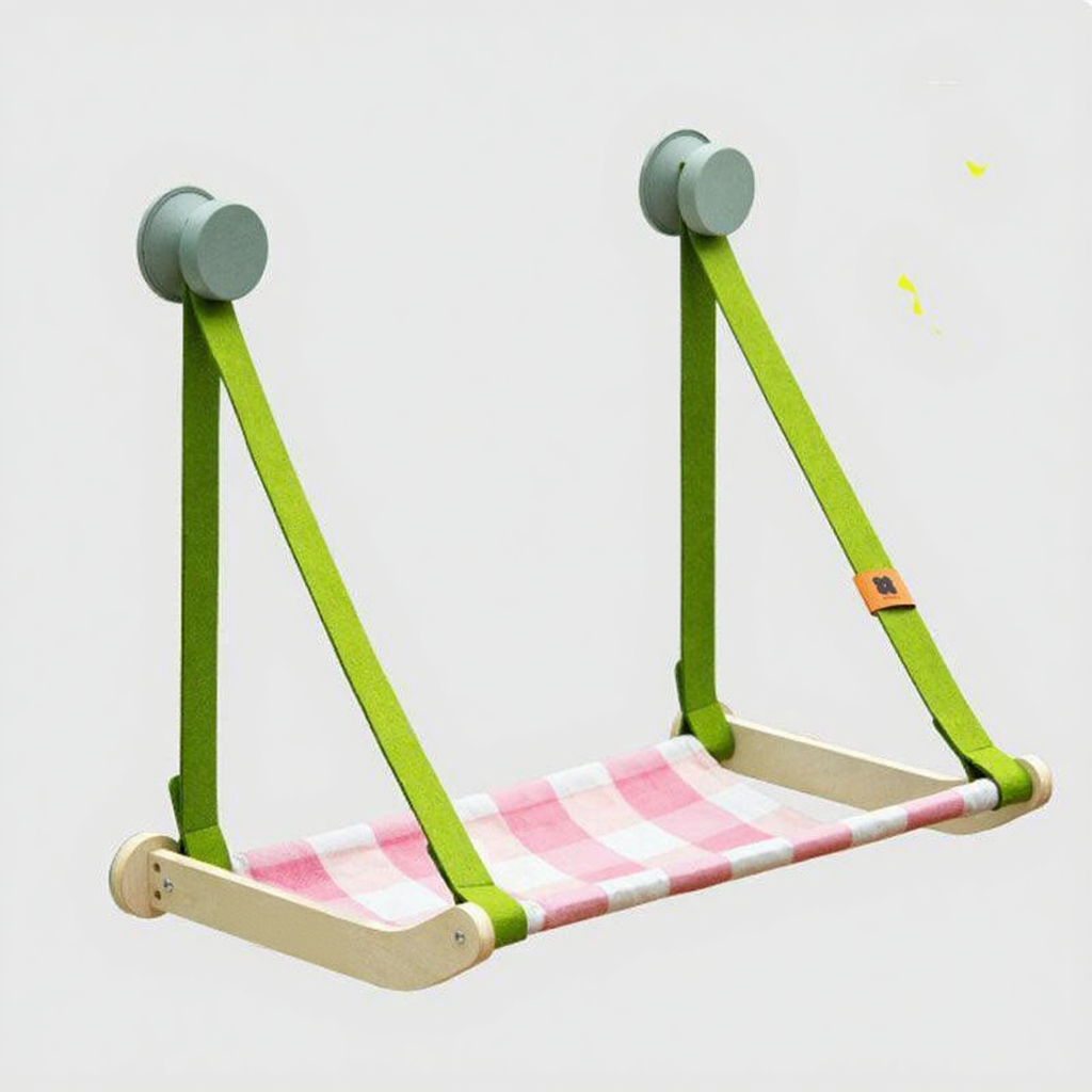 Catvera Suction Cup Window Cat Hammock - Image 12|||PROMPT|||Cleaned image. Original analysis: Found 1 brand name printed on the product: 'MewooFun' embossed on the wooden base of the swing