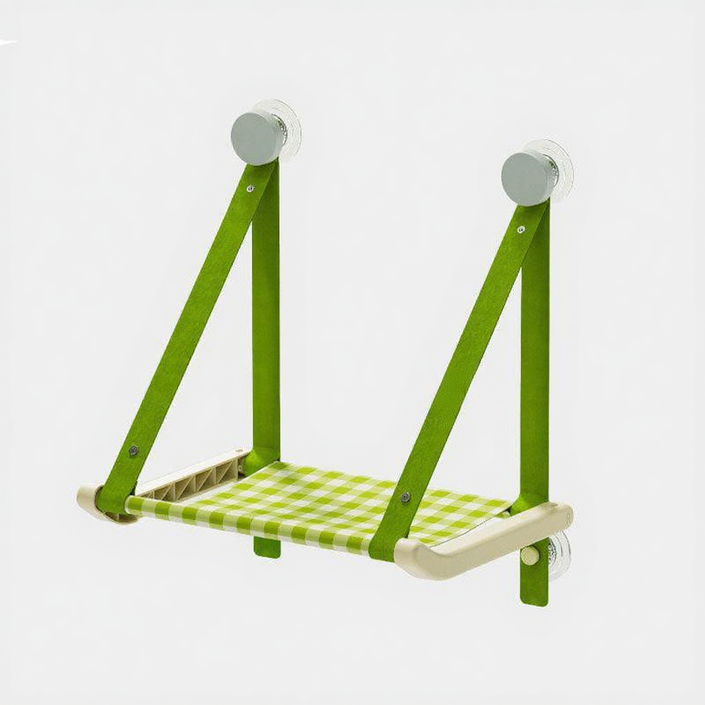 Catvera Suction Cup Window Cat Hammock - Image 2|||PROMPT|||Cleaned image. Original analysis: Found 1 brand name/logo printed on the product - an orange rectangular label with black text/logo on the right leg of the swing set