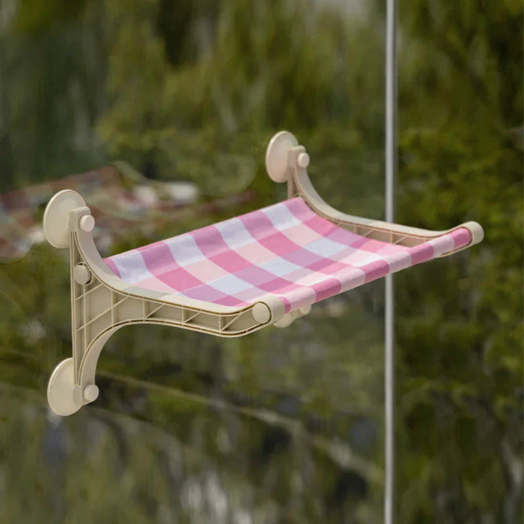 Catvera Suction Cup Window Cat Hammock - Image 3|||PROMPT|||Cleaned image. Original analysis: Found 1 small orange/red brand logo on the right side of the awning fabric