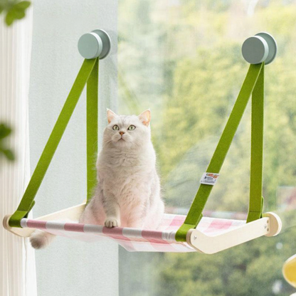 Catvera Suction Cup Window Cat Hammock - Image 6|||PROMPT|||Cleaned image. Original analysis: Found 1 watermark text overlay 'NEWCATS' in the top left corner, and 1 brand logo/mark on the right green strap of the product