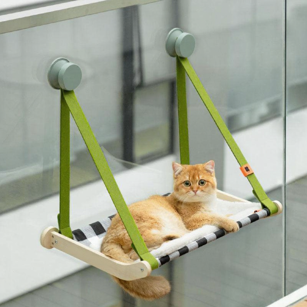 Catvera Suction Cup Window Cat Hammock - Image 7|||PROMPT|||Cleaned image. Original analysis: Found 1 brand name printed directly on the product - 'MewooFun' text visible on the wooden base of the cat hammock