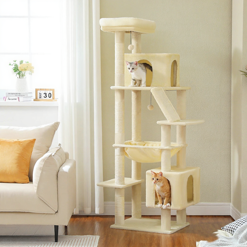 Catvera Tall Multi-Level Cat Tree - Image 2|||PROMPT|||Cleaned image. Original analysis: Found 1 watermark text overlay and 1 promotional text overlay with brand messaging on the wall