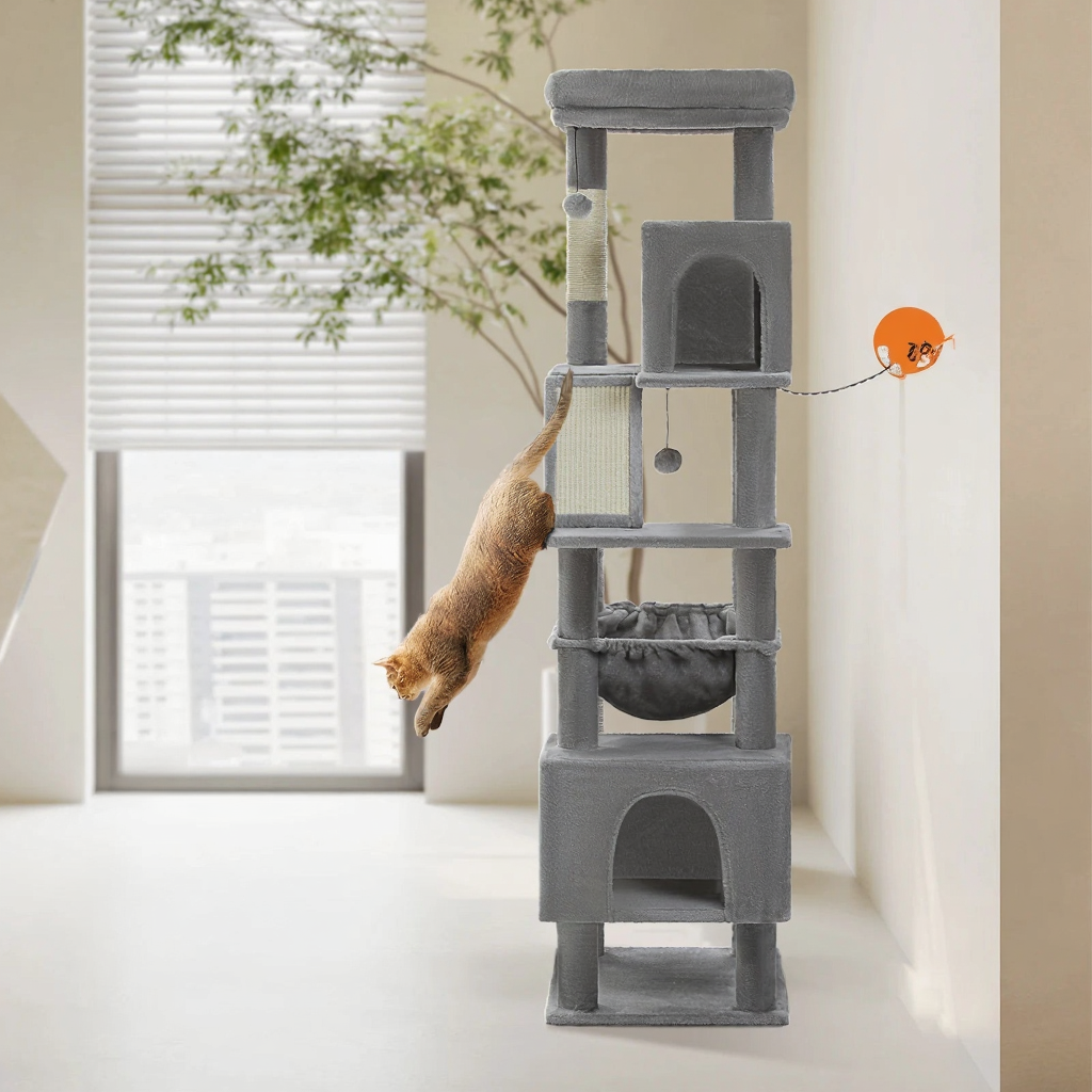 Catvera Tall Multi-Level Cat Tree - Image 6|||PROMPT|||Cleaned image. Original analysis: Found 1 watermark logo in bottom left corner and promotional text overlay
