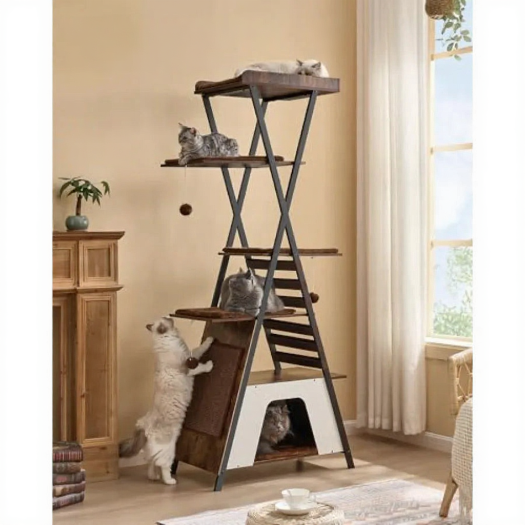 Catvera Tall Multi-Level Cat Tree Tower - Image 3|||PROMPT|||Cleaned image. Original analysis: Found one watermark/text overlay 'Z' in the top right corner of the image, and descriptive text overlay 'Extra Large Platform' and 'Stylish and spacious home' at the top left