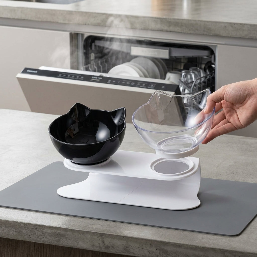 Catvera Tilted Anti-Vomiting Cat Bowl - Premium Construction & Easy Maintenance|||PROMPT|||Detailed product shot showing the dishwasher-safe bowl being easily removed from its non-slip rubber base, captured in a modern kitchen setting with steam rising from a dishwasher in the background, emphasizing the premium materials and easy maintenance