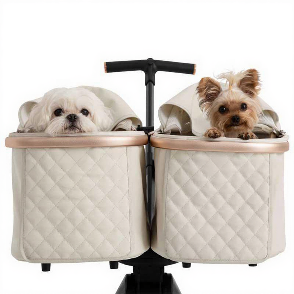 Catvera Twin Double Pet Stroller - Image 10|||PROMPT|||Cleaned image. Original analysis: Found brand name/logo on the pet carrier bags - there appear to be small branded tags/labels on the carriers themselves