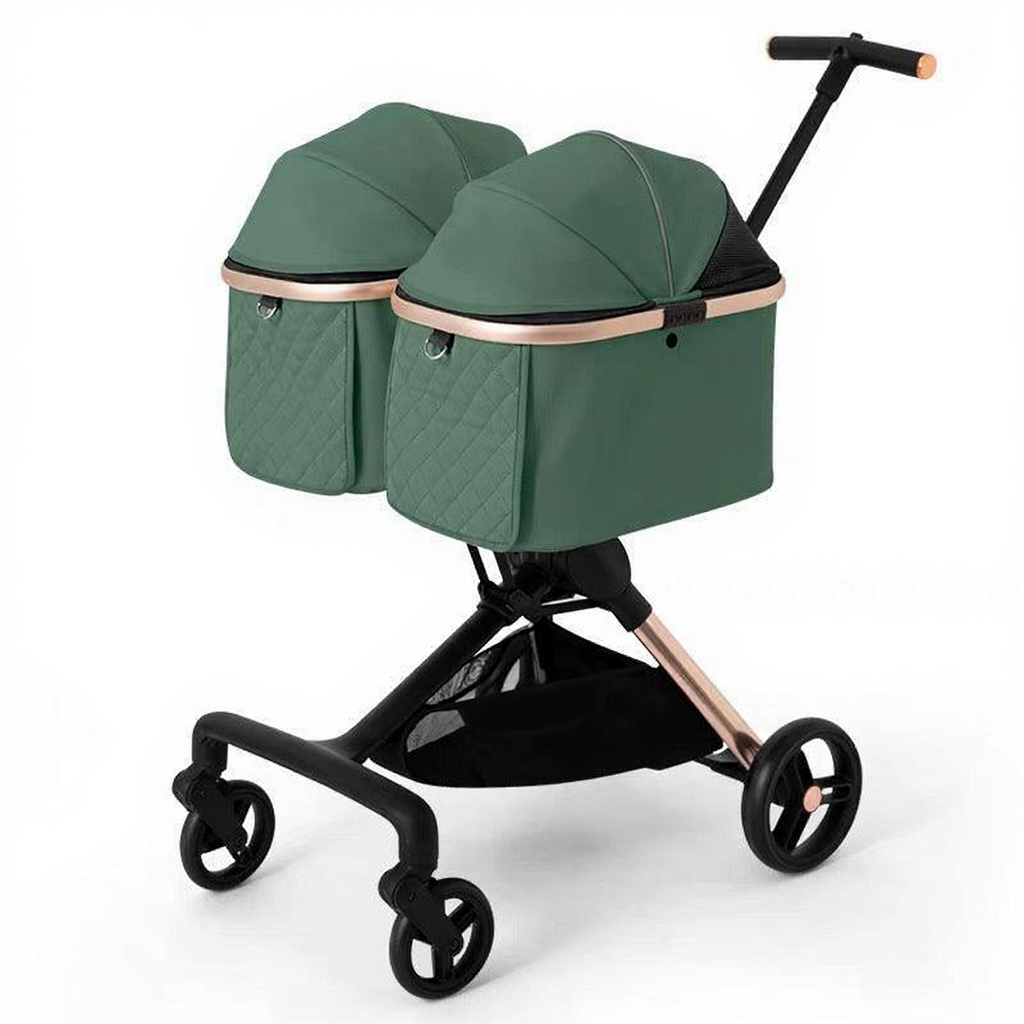 Catvera Twin Double Pet Stroller - Image 20|||PROMPT|||Cleaned image. Original analysis: Found 2 brand names: 'TooDanDan' text on the stroller frame and 'TooDanDan' logo badge on the right canopy. Also found an orange brand label on the left canopy.