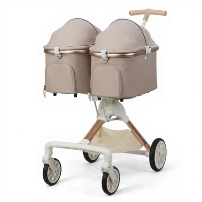 Catvera Twin Double Pet Stroller - Image 3|||PROMPT|||Cleaned image. Original analysis: Found 2 brand names/logos on the product: 'Babyhome' visible on the lower basket area of the stroller frame, and a small red brand logo/text visible on the right dome carrier