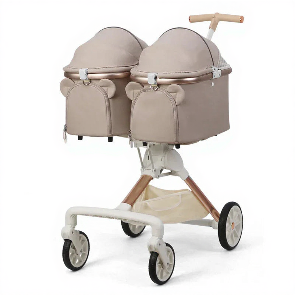 Catvera Twin Double Pet Stroller - Image 4|||PROMPT|||Cleaned image. Original analysis: Found 2 brand names/logos on the product: 'Babyoon' text visible on the right dome/basket area, and 'Babyoon' branding on the base/chassis of the stroller