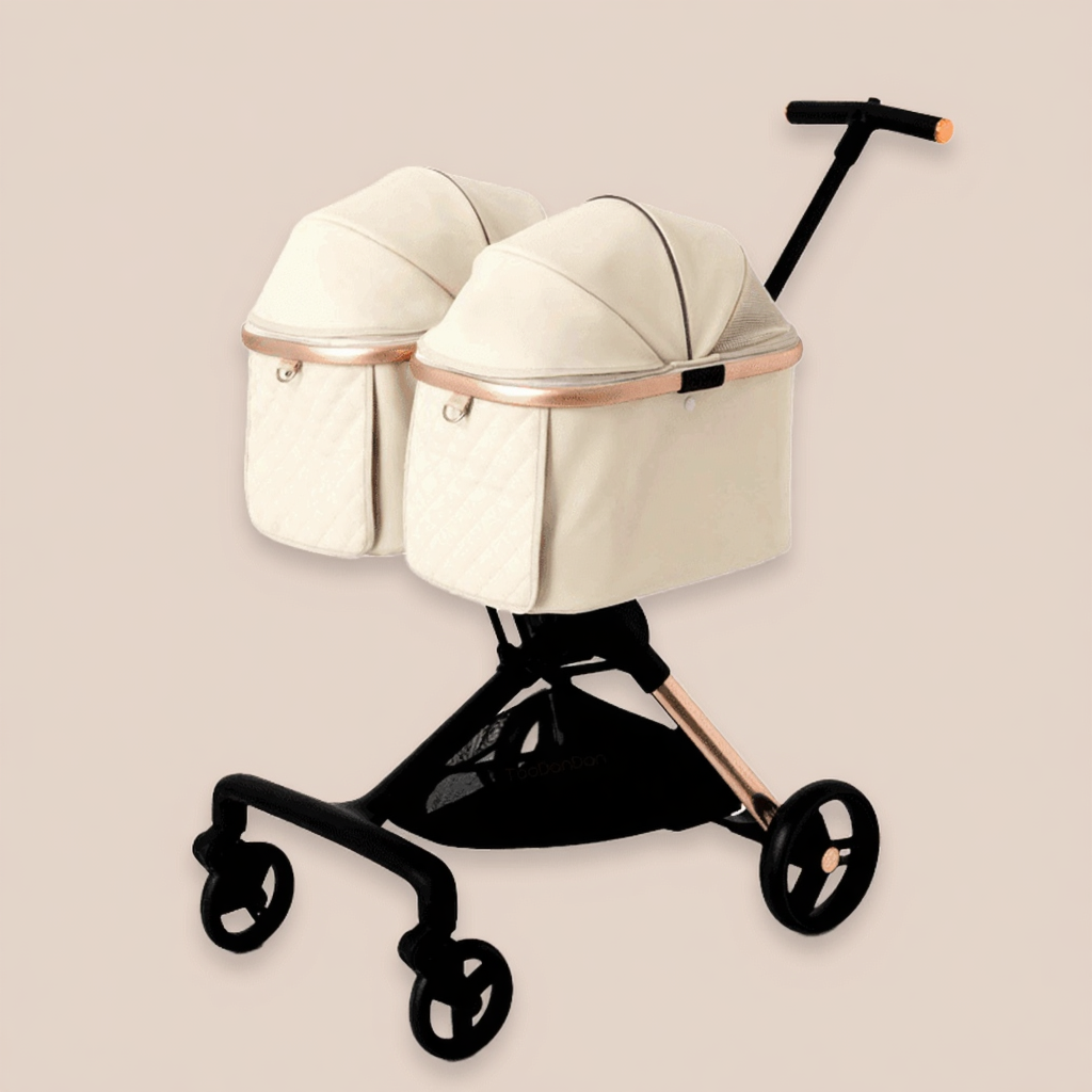Catvera Twin Double Pet Stroller - Image 7|||PROMPT|||Cleaned image. Original analysis: Found 2 brand names/logos: 'MEWCATS' text overlay in top left corner, and a brand label on the carrier basket itself