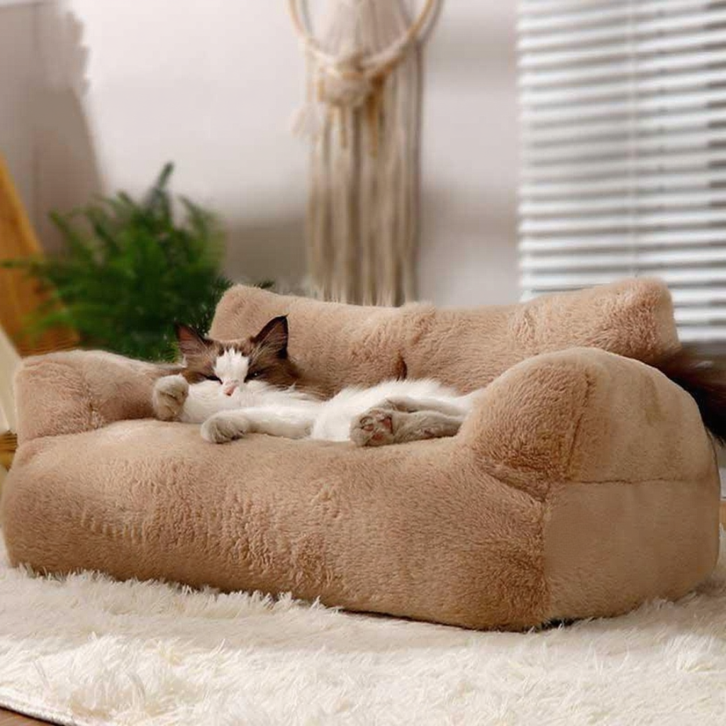 Catvera Washable Cat Sofa Bed - Image 14|||PROMPT|||Cleaned image. Original analysis: Found 1 brand name/logo on the pet bed product itself - a small white rectangular label/tag visible on the lower right side of the beige pet bed