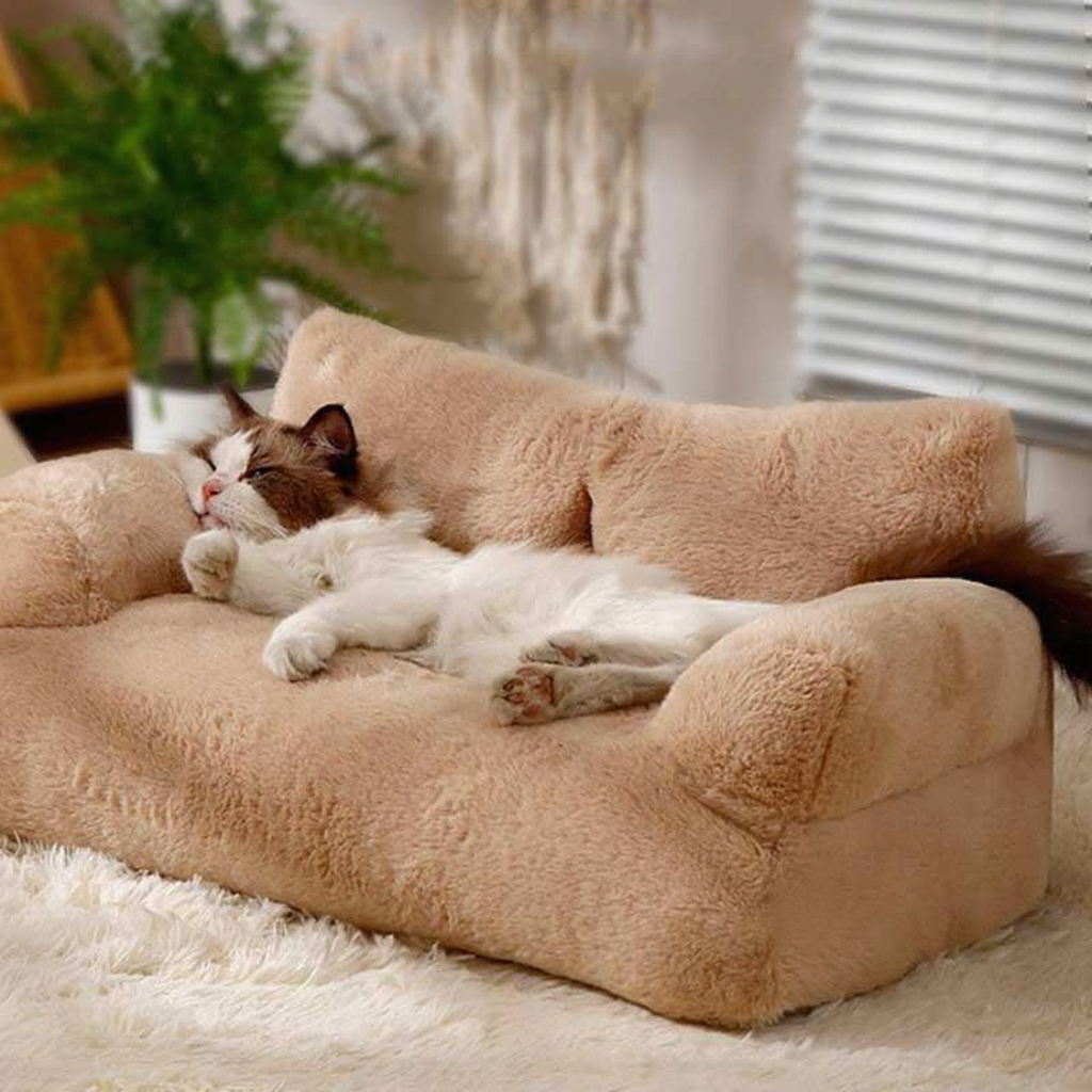 Catvera Washable Cat Sofa Bed - Image 16|||PROMPT|||Cleaned image. Original analysis: Found 1 brand name/logo on the pet bed product - a white rectangular tag/label visible on the lower right side of the beige pet bed