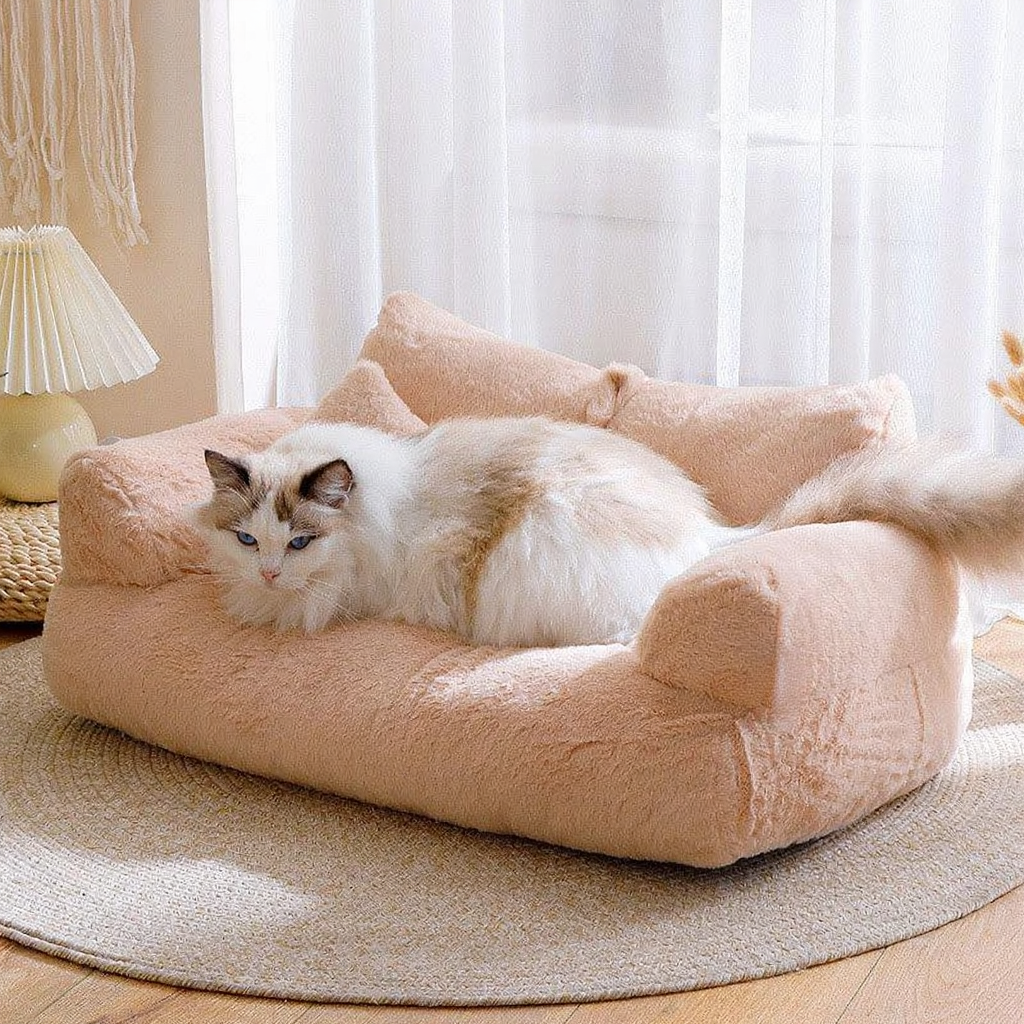 Catvera Washable Cat Sofa Bed - Image 2|||PROMPT|||Cleaned image. Original analysis: Found 1 brand name/logo on the pet bed - a small colored tag/label visible on the right side of the bed