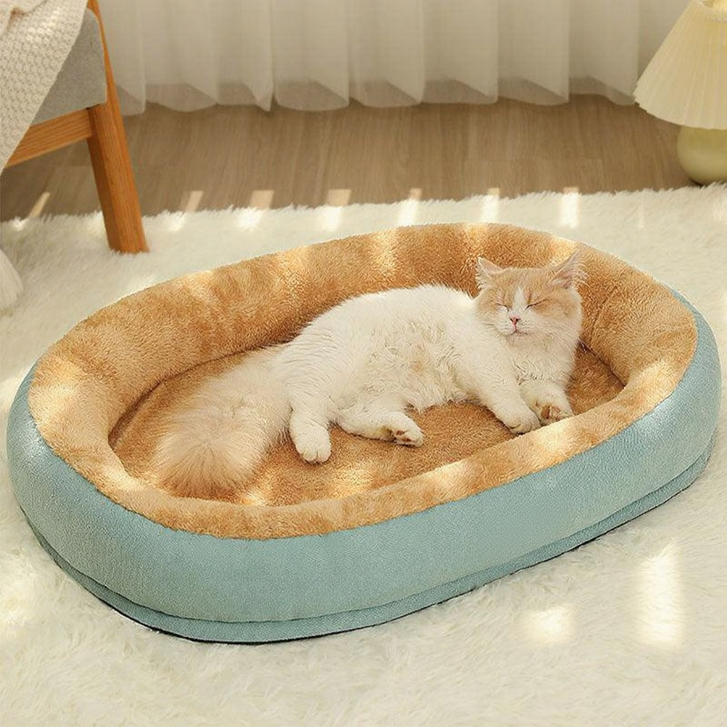 Catvera Waterproof Lambskin Cat Bed - Image 7|||PROMPT|||Cleaned image. Original analysis: Found 1 brand name/logo on the pet bed - a brown rectangular label/patch on the bottom right side of the bed exterior