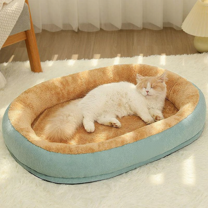 Catvera Waterproof Lambskin Cat Bed - Image 7|||PROMPT|||Cleaned image. Original analysis: Found 1 brand name/logo on the pet bed - a brown rectangular label/patch on the bottom right side of the bed exterior
