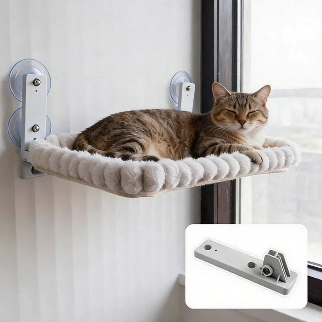 Catvera Window Hammock Premium Suction - Image 3|||PROMPT|||Cleaned image. Original analysis: Found a paw print logo/brand mark embossed on the white suction cup mounting bracket on the wall, visible on both the main image and the product detail inset image