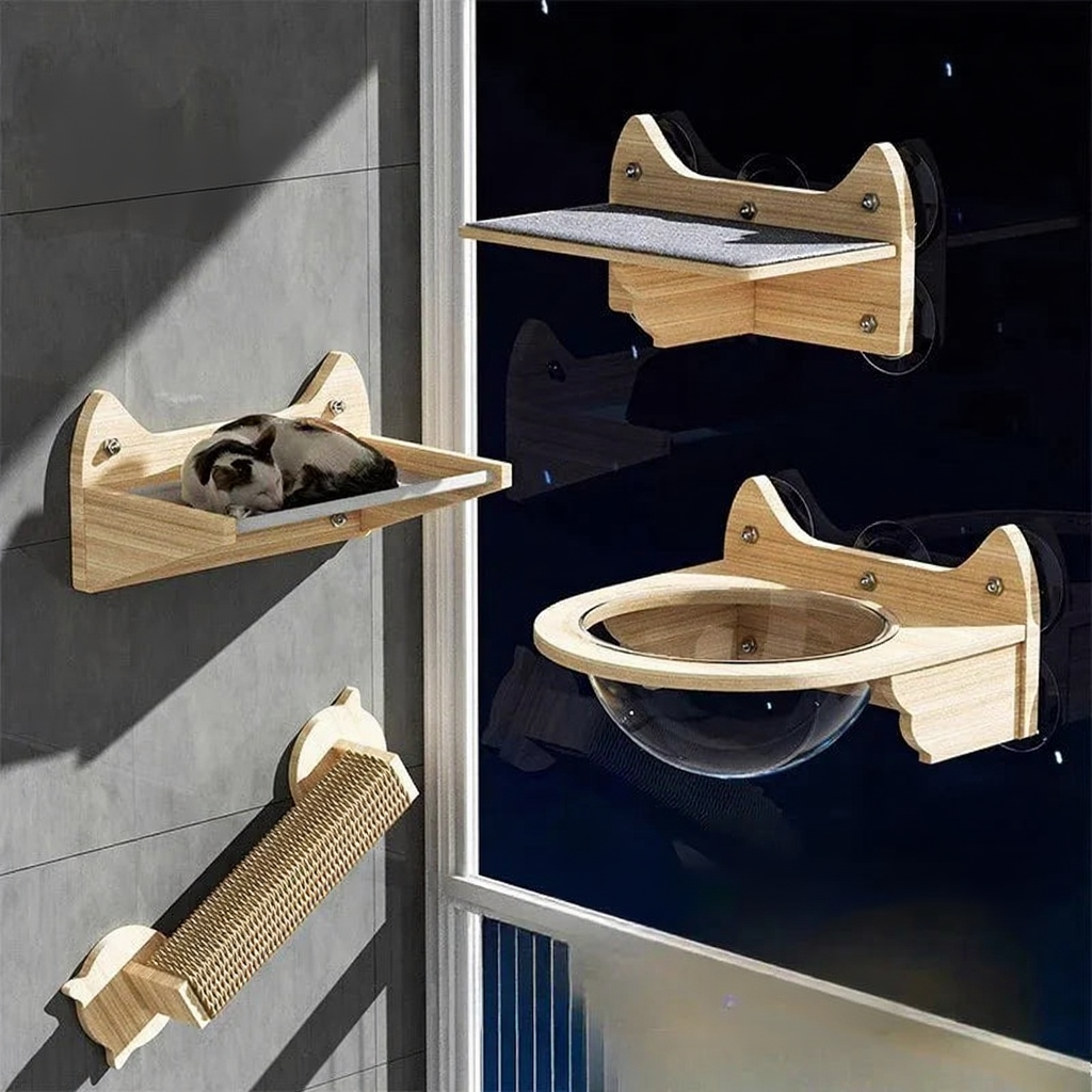 Catvera Window Suction Cat Climbing Shelves - Image 1|||PROMPT|||Cleaned image. Original analysis: Found text overlay 'INTERESTING CAT TOYS' at top left and 'suction cup type' at bottom right