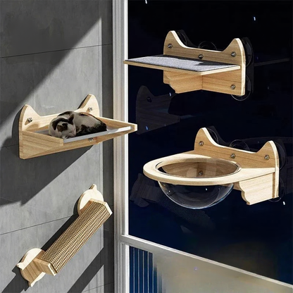 Catvera Window Suction Cat Climbing Shelves - Image 1|||PROMPT|||Cleaned image. Original analysis: Found text overlay 'INTERESTING CAT TOYS' at top left and 'suction cup type' at bottom right