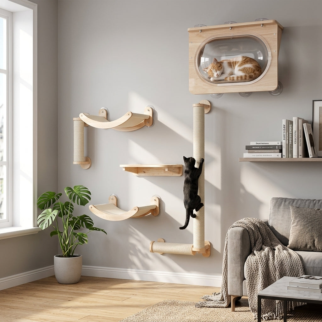 Catvera Wood Suction Cup Wall Shelves - Complete Cat Climbing System