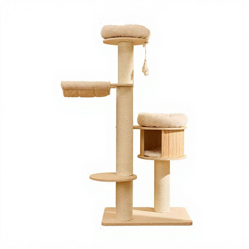Catvera Wooden Multi-Level Cat Tower - Image 2|||PROMPT|||Cleaned image. Original analysis: found 1 brand name watermark on the base of the cat tree