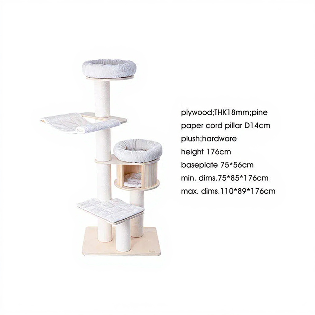 Catvera Wooden Multi-Level Cat Tower - Image 3|||PROMPT|||Cleaned image. Original analysis: Found 1 brand name watermark on the product base