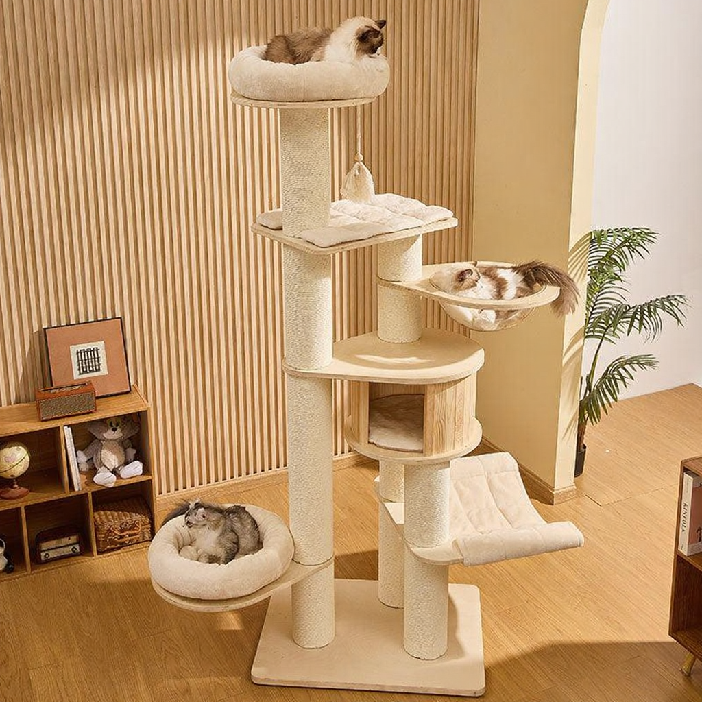 Catvera Wooden Multi-Level Cat Tower - Image 5|||PROMPT|||Cleaned image. Original analysis: Found 1 brand name visible on the cat tree product - 'BELLO' branding appears on the base/platform of the cat tree structure