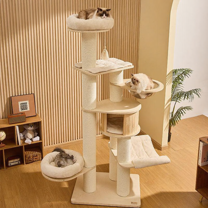 Catvera Wooden Multi-Level Cat Tower - Image 8|||PROMPT|||Cleaned image. Original analysis: Found 1 watermark text overlay 'MEWCATS' in white text on the upper left portion of the image