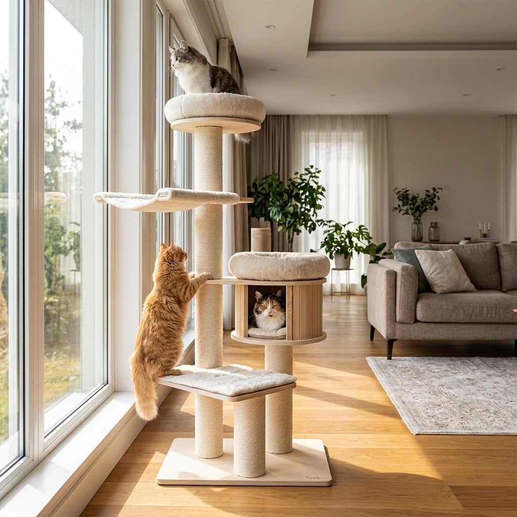 Catvera Wooden Multi-Level Cat Tower - Multi-Level Entertainment Zones
