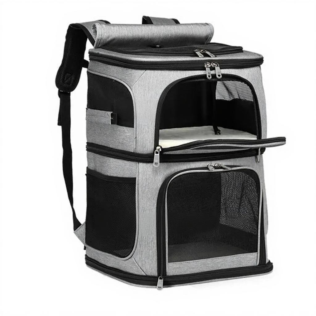 Double Layer Foldable Pet Travel Backpack - Image 4|||PROMPT|||Cleaned image. Original analysis: Found Chinese text overlays on two red banner labels positioned on the product image