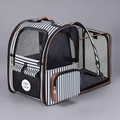 Expandable Airline Travel Pet Carrier Backpack - Image 1|||PROMPT|||Cleaned image. Original analysis: Found 1 brand name/logo on the product - a small circular emblem/logo visible on the lower left corner of the carrier bag