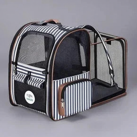 Expandable Airline Travel Pet Carrier Backpack - Image 1|||PROMPT|||Cleaned image. Original analysis: Found 1 brand name/logo on the product - a small circular emblem/logo visible on the lower left corner of the carrier bag
