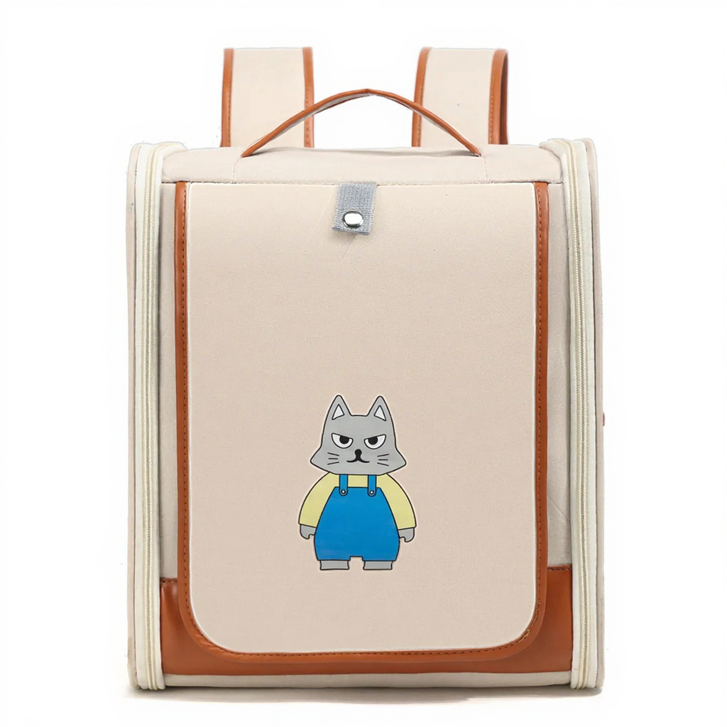 Expandable Breathable Pet Travel Backpack Carrier - Image 5|||PROMPT|||Cleaned image. Original analysis: Found 1 brand name/logo on the product: 'matapouf' text visible on the cat character's overalls/chest area