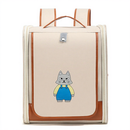 Expandable Breathable Pet Travel Backpack Carrier - Image 5|||PROMPT|||Cleaned image. Original analysis: Found 1 brand name/logo on the product: 'matapouf' text visible on the cat character's overalls/chest area