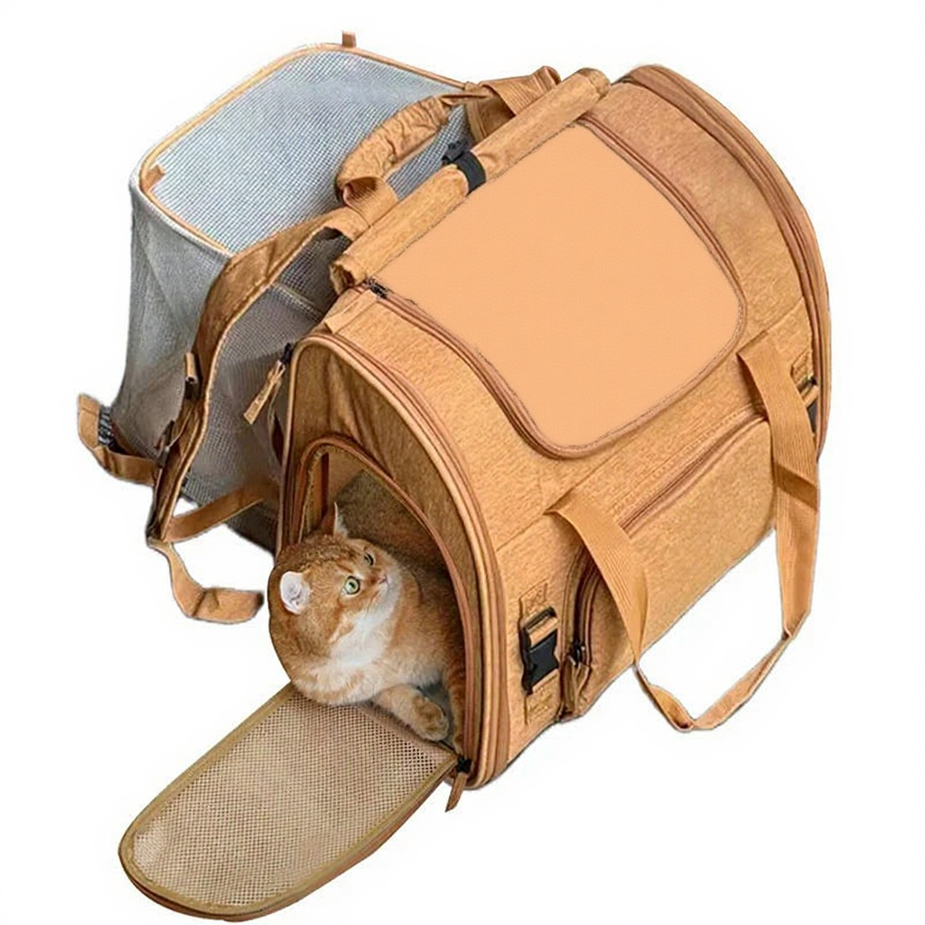 Expandable Cat Carrier Backpack with Privacy - Image 1|||PROMPT|||Cleaned image. Original analysis: Found 1 brand name/logo on the product carrier bag itself