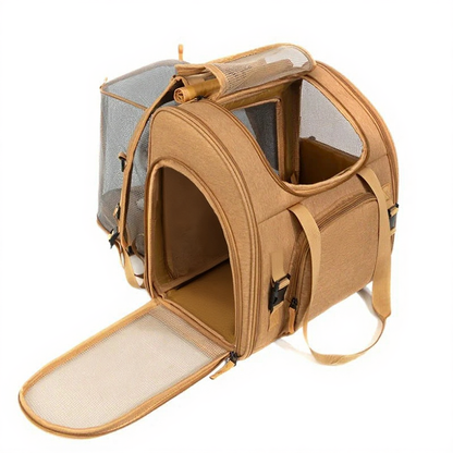 Expandable Cat Carrier Backpack with Privacy - Image 5|||PROMPT|||Cleaned image. Original analysis: Found 1 brand logo/emblem on the pet carrier backpack - a small embossed or stitched brand mark visible on the front fabric of the carrier