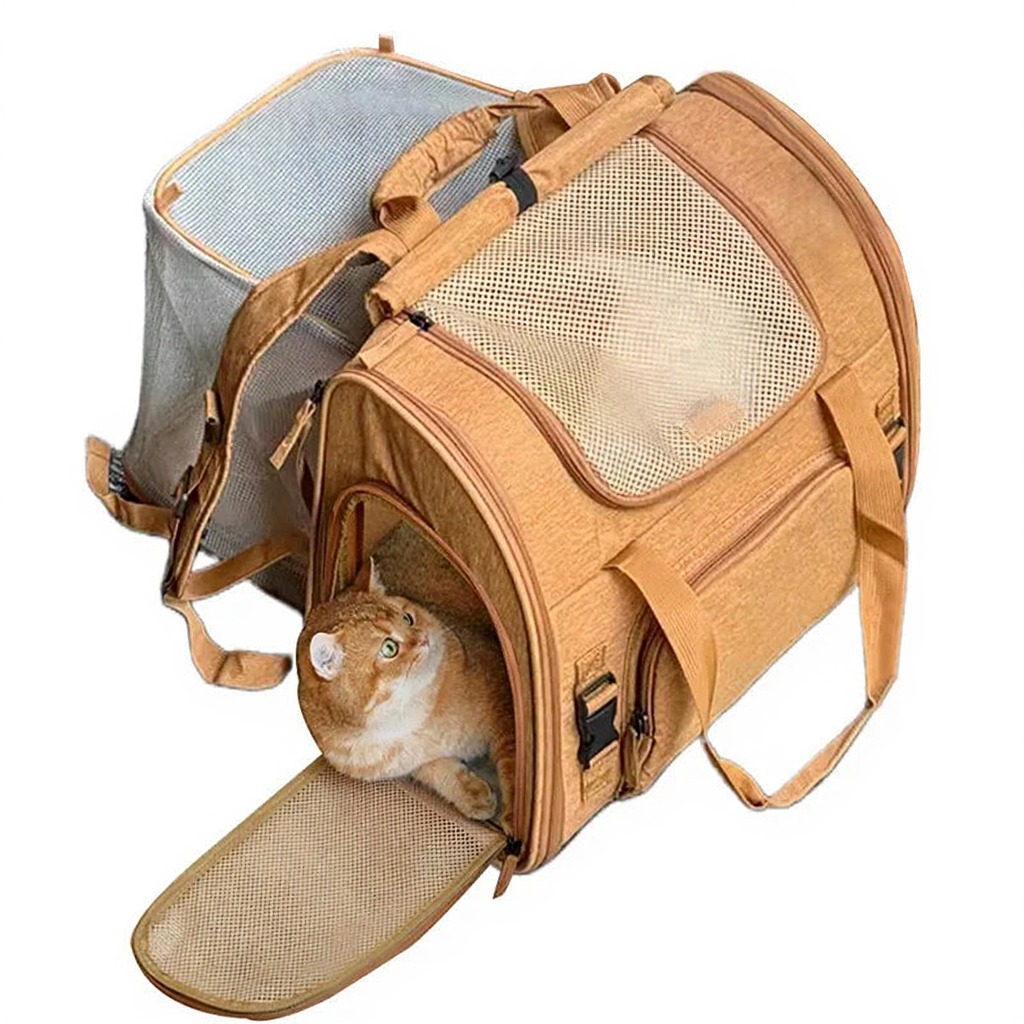 Expandable Pet Travel Backpack Carrier - Image 1|||PROMPT|||Cleaned image. Original analysis: Found one brand name/logo visible on the product - a label/badge appears to be present on the backpack material