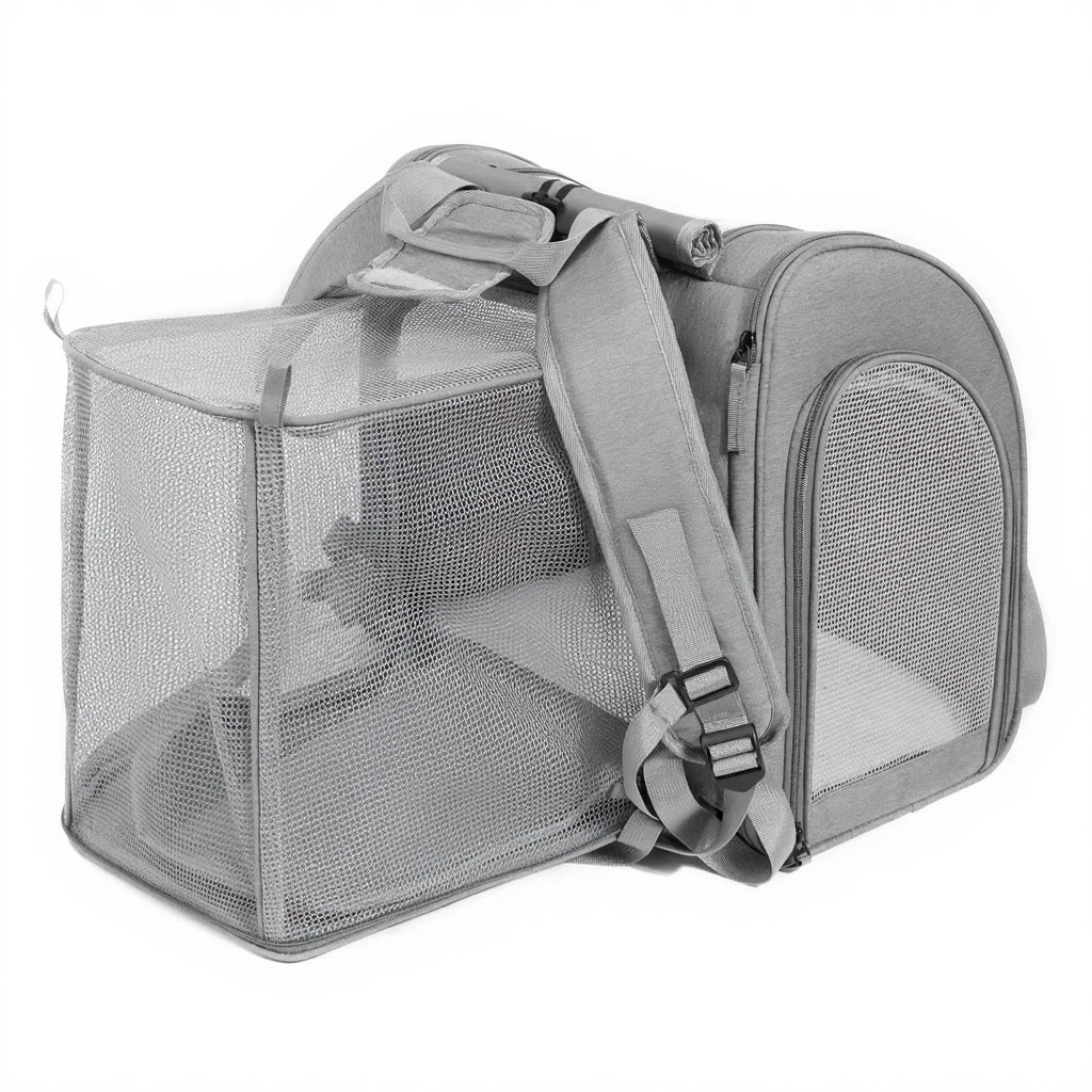 Expandable Pet Travel Backpack Carrier - Image 8|||PROMPT|||Cleaned image. Original analysis: Found 1 brand logo/emblem on the pet carrier backpack - a circular emblem visible on the upper right area of the main carrier compartment
