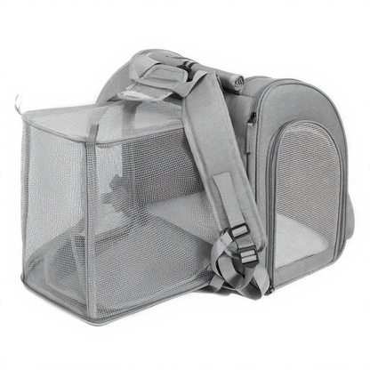 Expandable Pet Travel Backpack Carrier - Image 8|||PROMPT|||Cleaned image. Original analysis: Found 1 brand logo/emblem on the pet carrier backpack - a circular emblem visible on the upper right area of the main carrier compartment